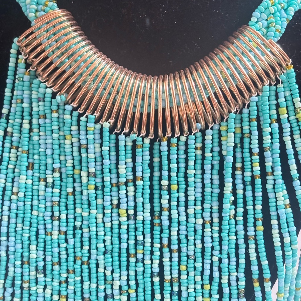 Turquoise Seed Beaded Fringe Statement Necklace - Unbranded 16 inches -Stunning! - Picture 2 of 5